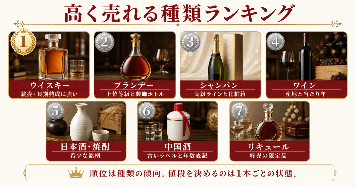 お酒買取ランキング|種類別の早見表
