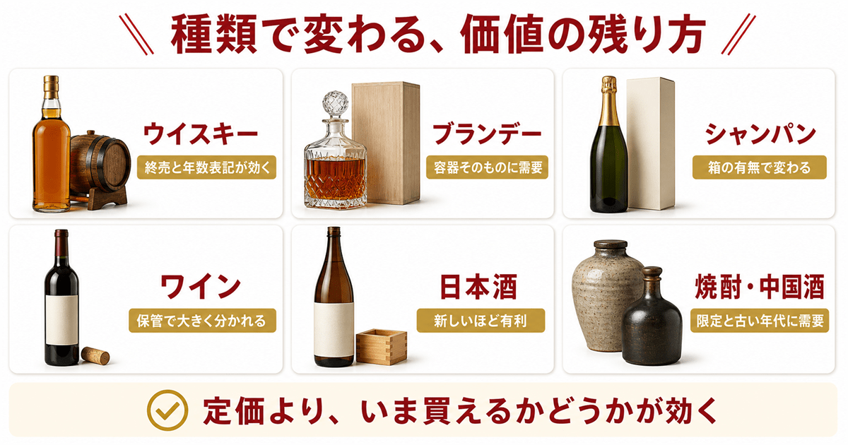 高く売れるお酒の早見表と種類別の価値の残り方