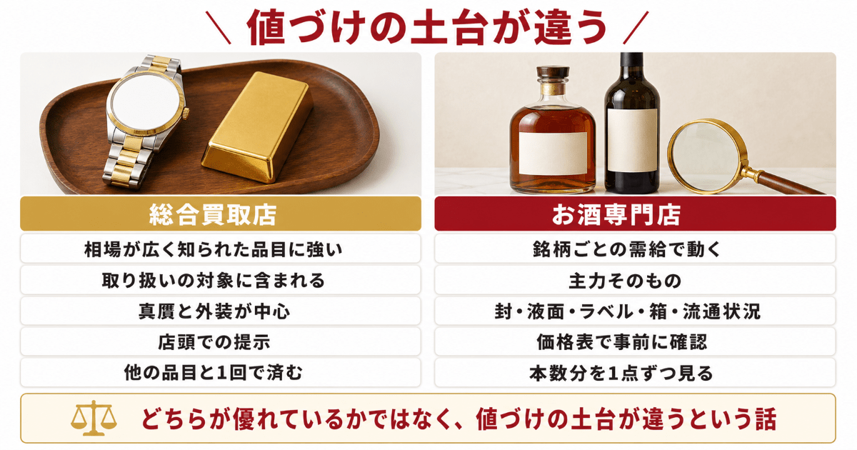 総合買取店とお酒専門店の違い早見表