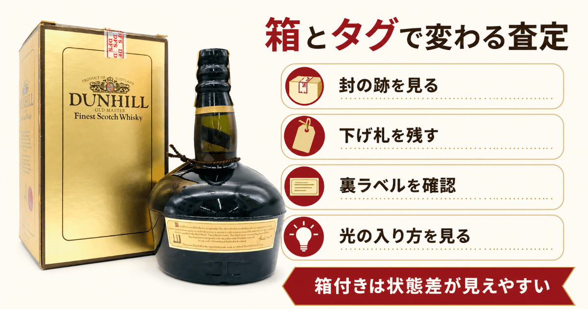ダンヒルのウイスキーの下げ札と封蝋と窓付きの箱