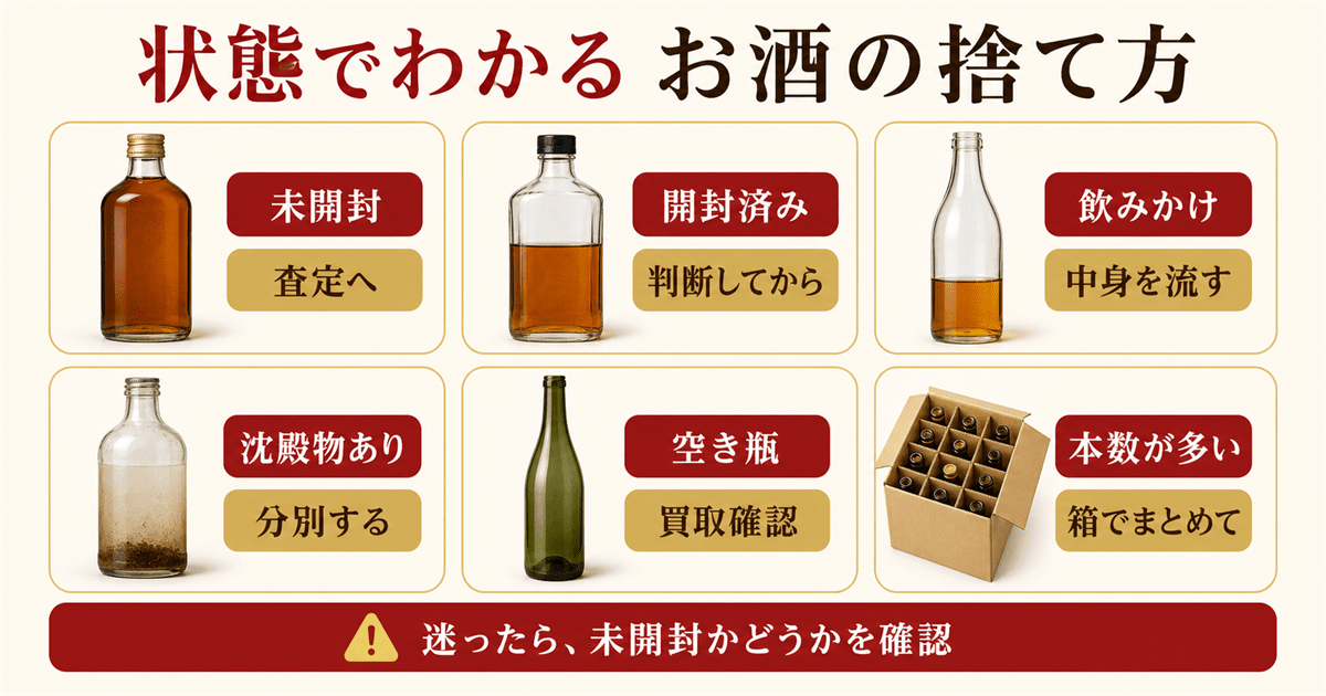 お酒の処分方法の早見表｜状態別の手放し方
