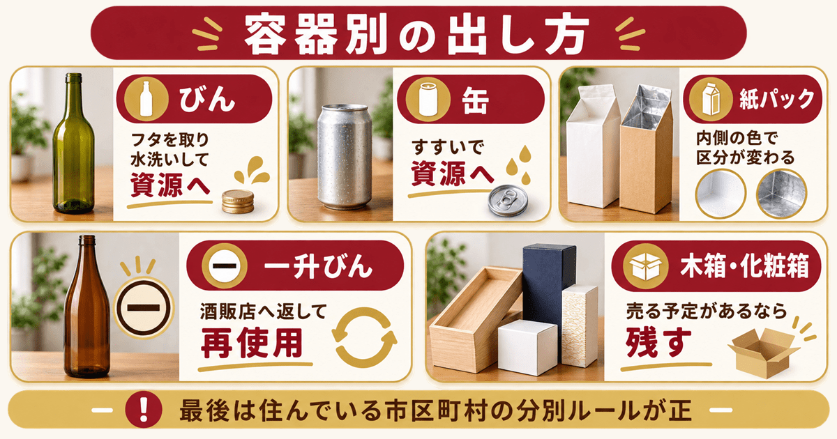 容器別の捨て方｜びん・缶・紙パック・一升びん