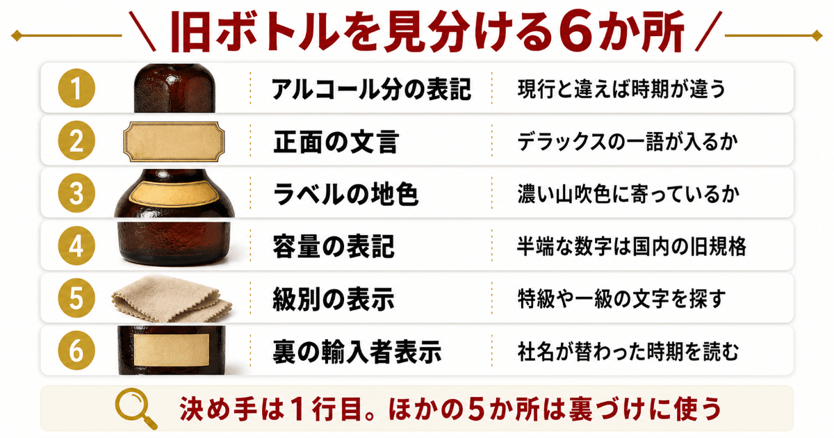 オールドパー12年の旧ボトルを見分ける6か所の早見表