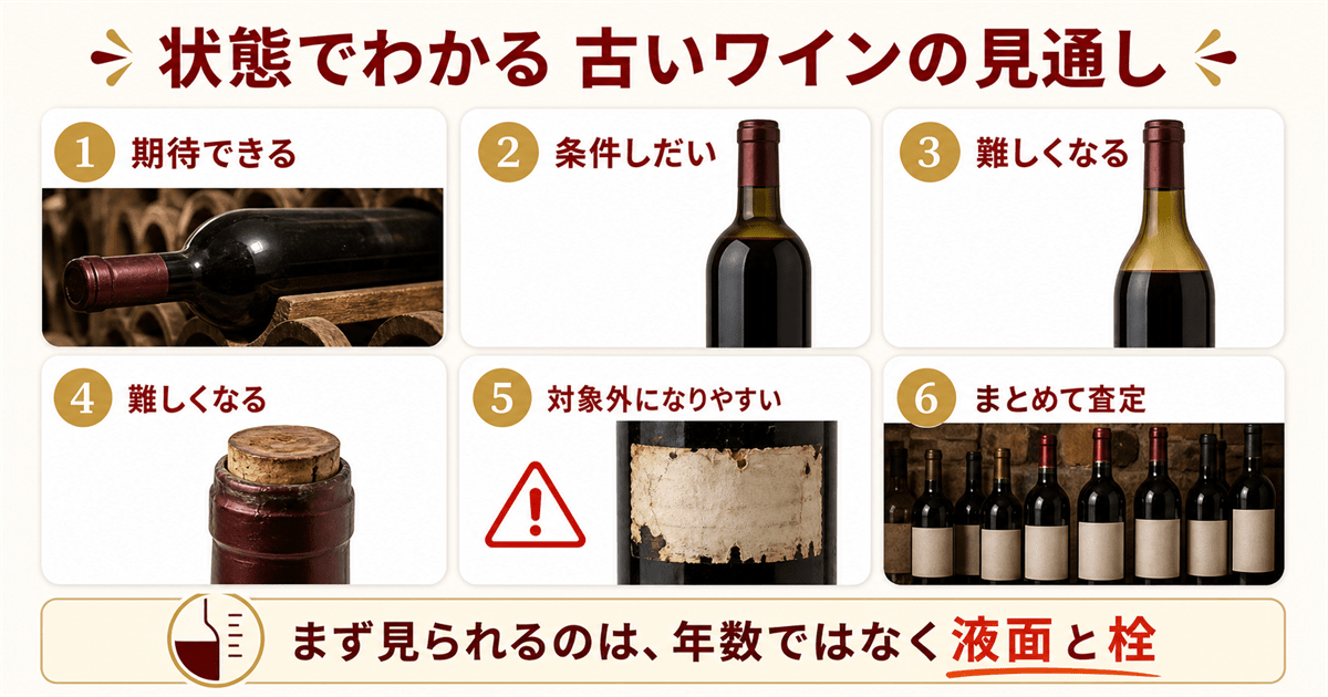 古いワイン買取の早見表｜状態別の見通し
