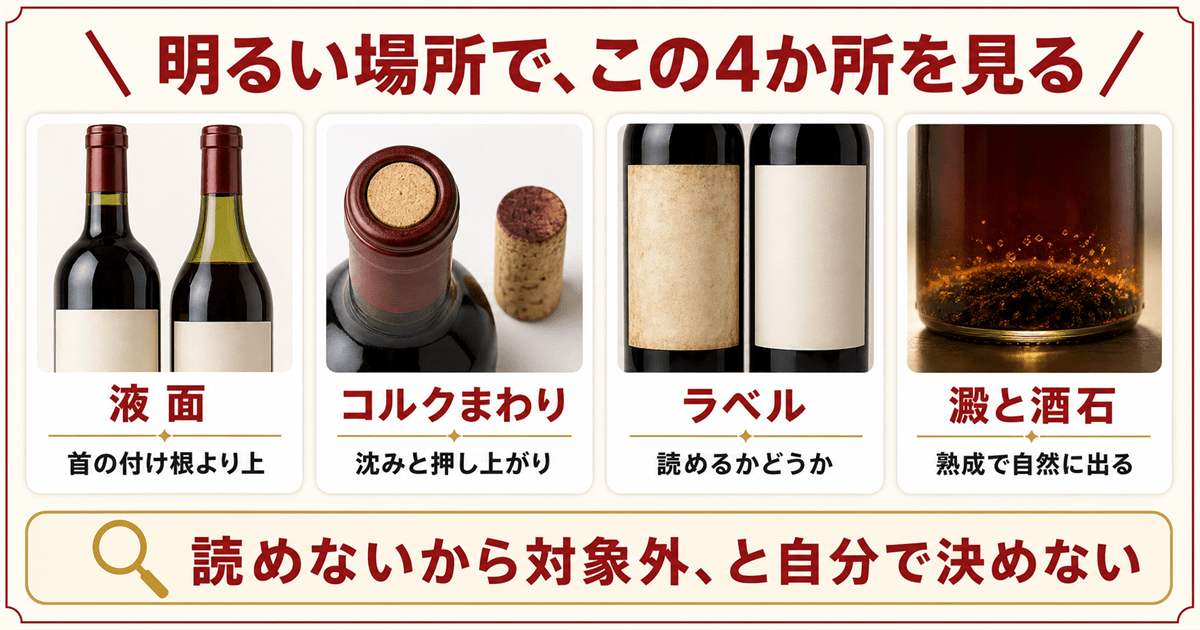 ワインの状態の見方 液面とコルクとラベル