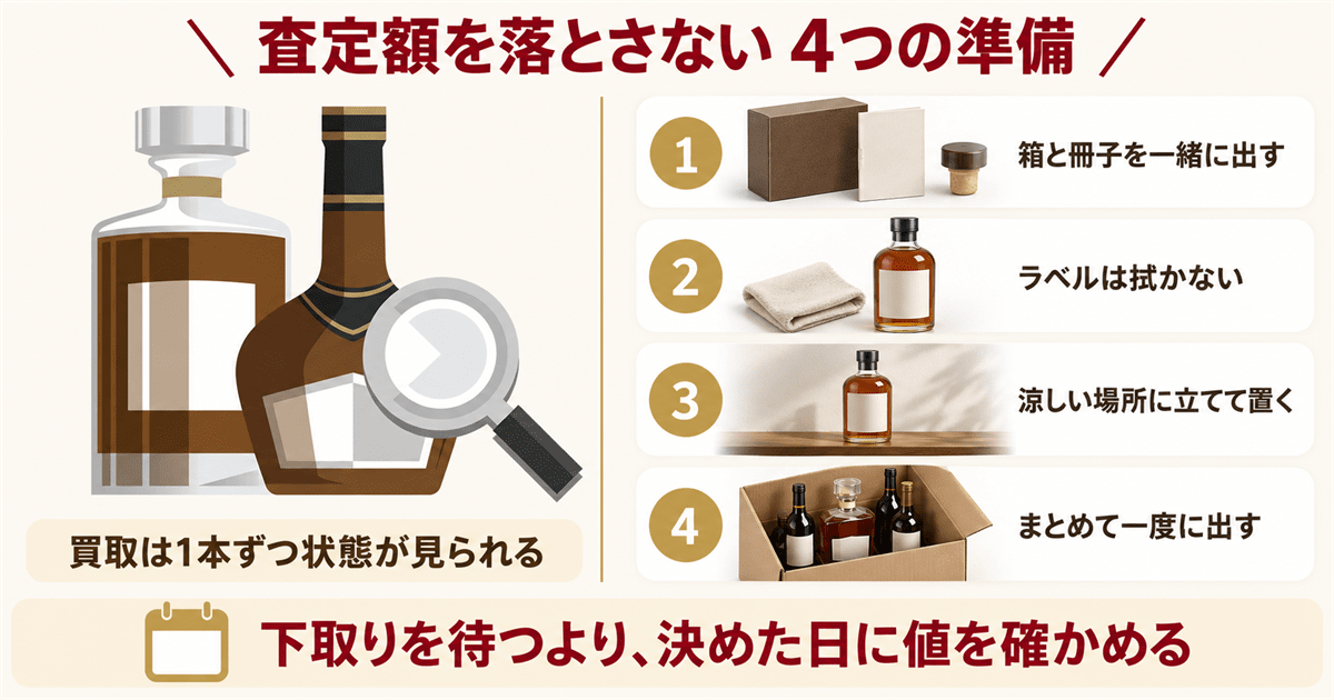 ボトルを虫眼鏡で確かめる査定のイラストと4つの準備