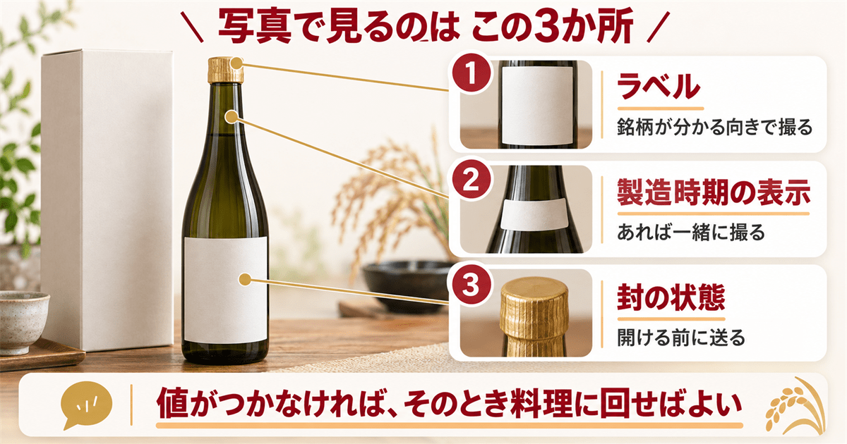 未開封の日本酒をラベルと表示から確かめる査定