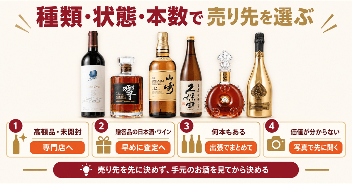 ワイン・ウイスキー・日本酒・ブランデー・シャンパンなど種類の違うお酒のボトル