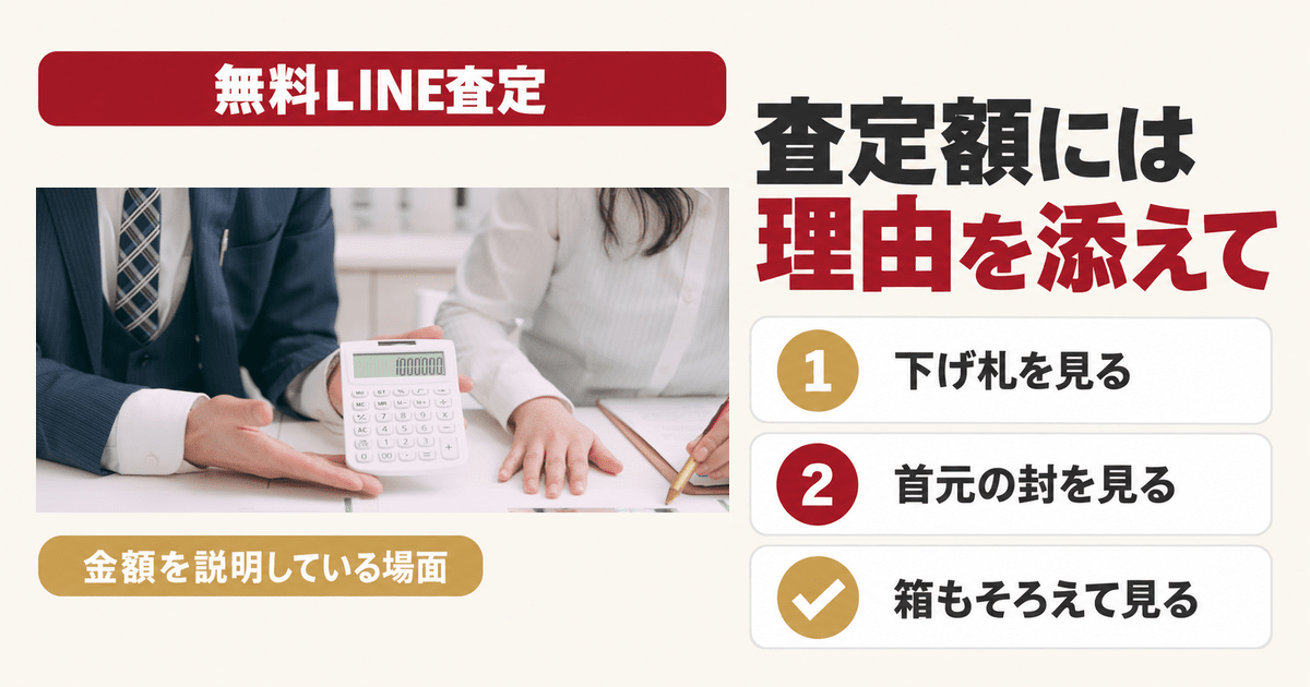 電卓を示して金額を説明している査定の場面