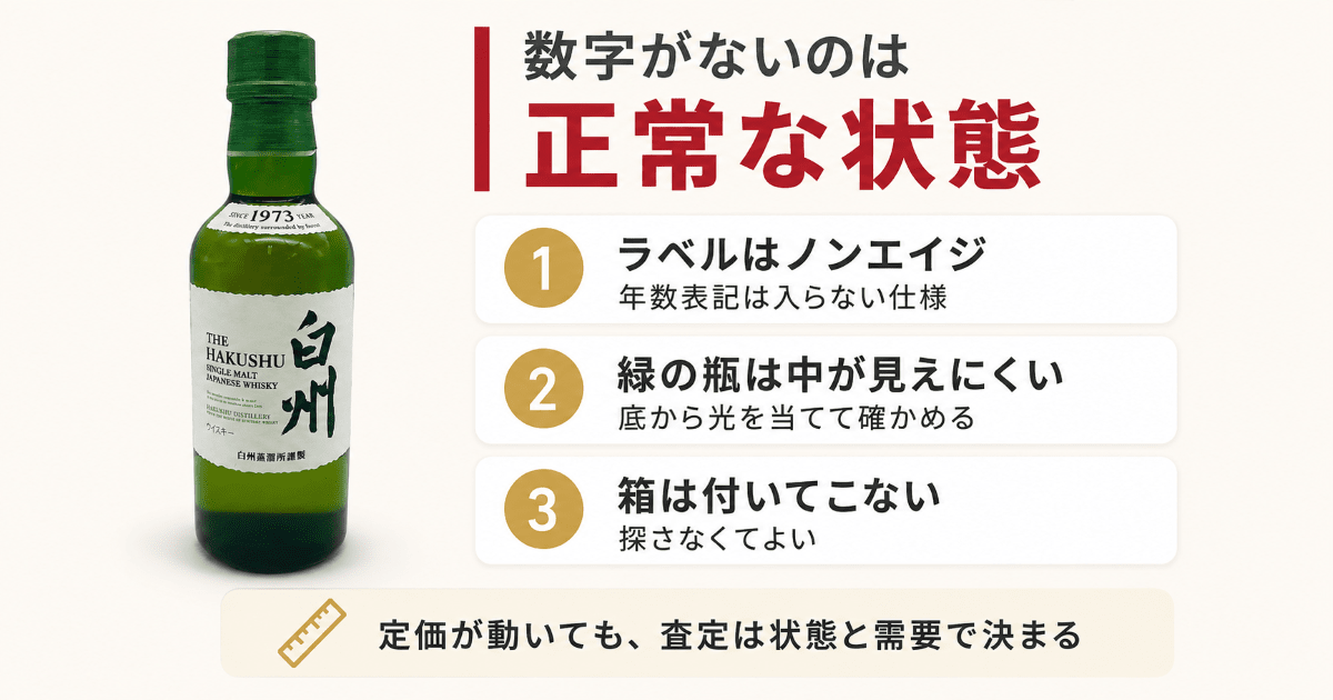 白州180mlのミニボトル　ラベルと緑の瓶の状態を確認する