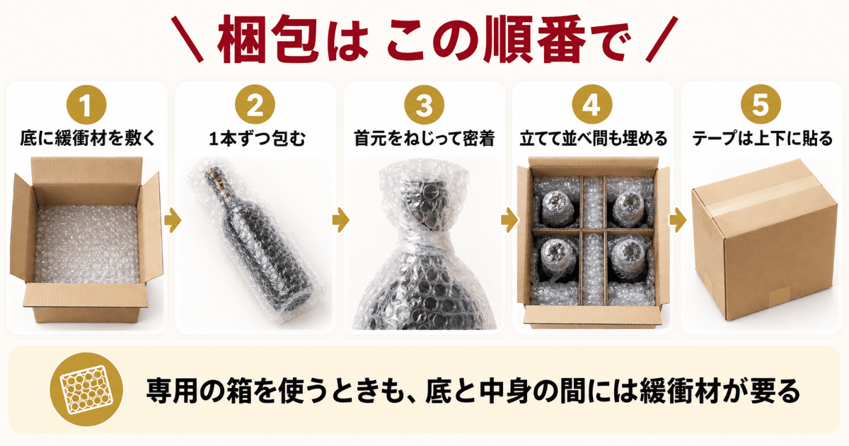 お酒の梱包の手順　資材をそろえて瓶を巻き箱に詰める