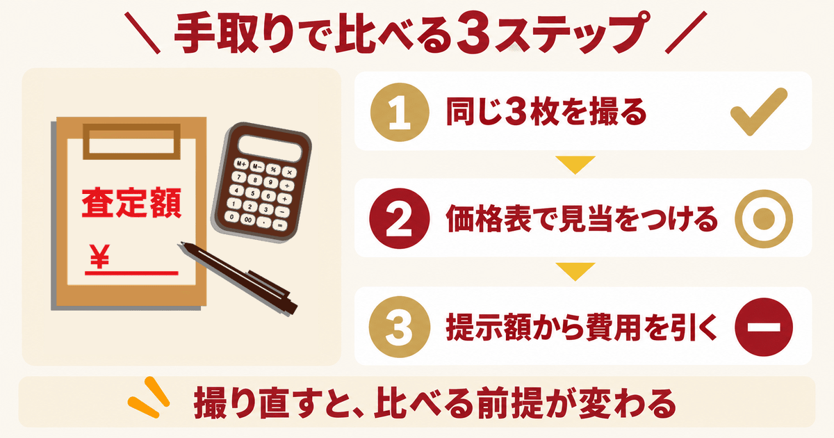 査定額を書き込む用紙と電卓 提示額から費用を引いて手取りで比べる