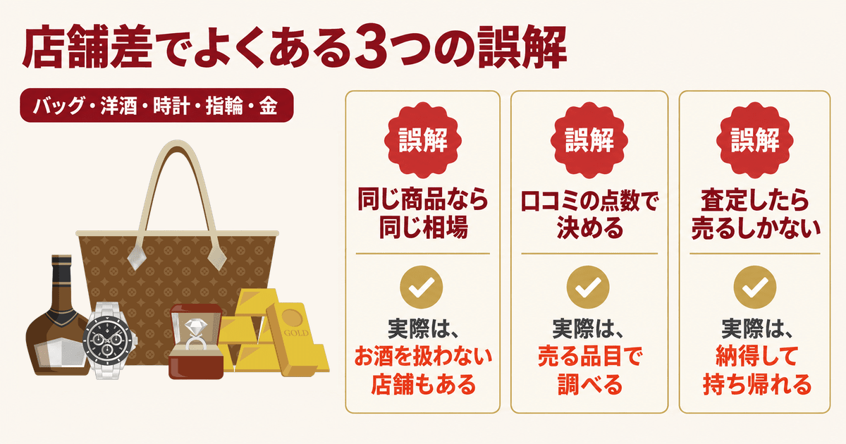 バッグ・洋酒・腕時計・指輪・金の延べ棒をまとめて描いたイラスト　総合買取店は品目が幅広い