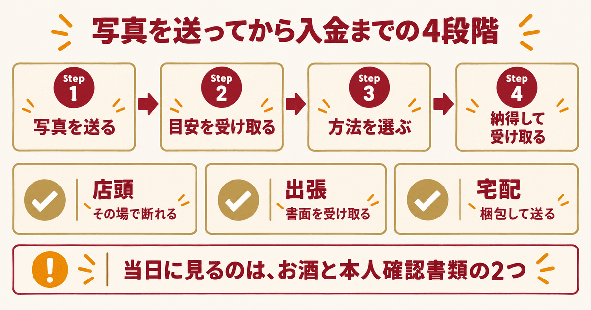 写真を送ってから入金までの4段階と店頭・出張・宅配の違い