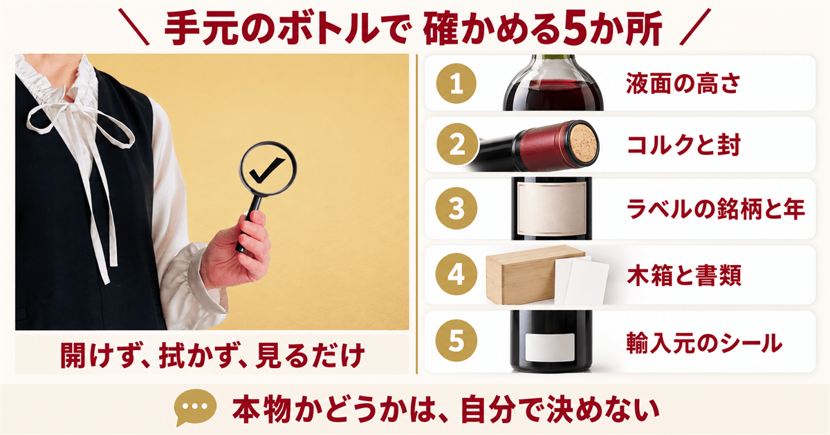 虫眼鏡で確かめるロマネコンティの液面やラベルなど5か所