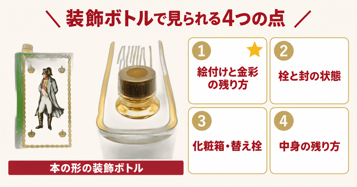 ナポレオンの絵柄が入った本の形の陶器ボトルと査定で見られる点