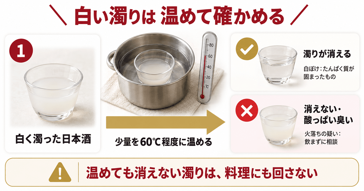 日本酒の白い濁りを温めて白ぼけか火落ちかを見分ける方法