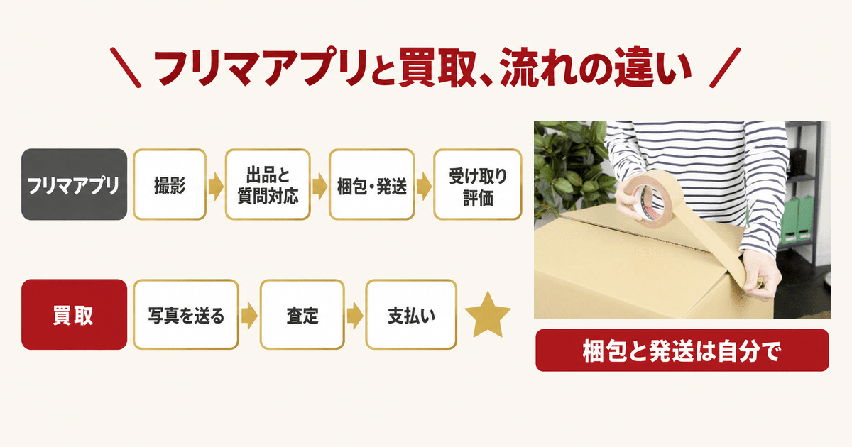 段ボール箱を梱包する手元と、メルカリ出品と買取の流れの違い