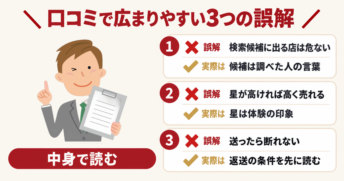 クリップボードを手に指を立てて説明する男性のイラスト　口コミで広まりやすい3つの誤解