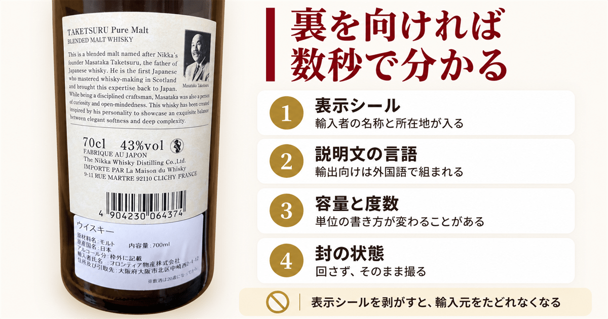 竹鶴の裏ラベル 輸入者シールと現地語の表記で見分ける
