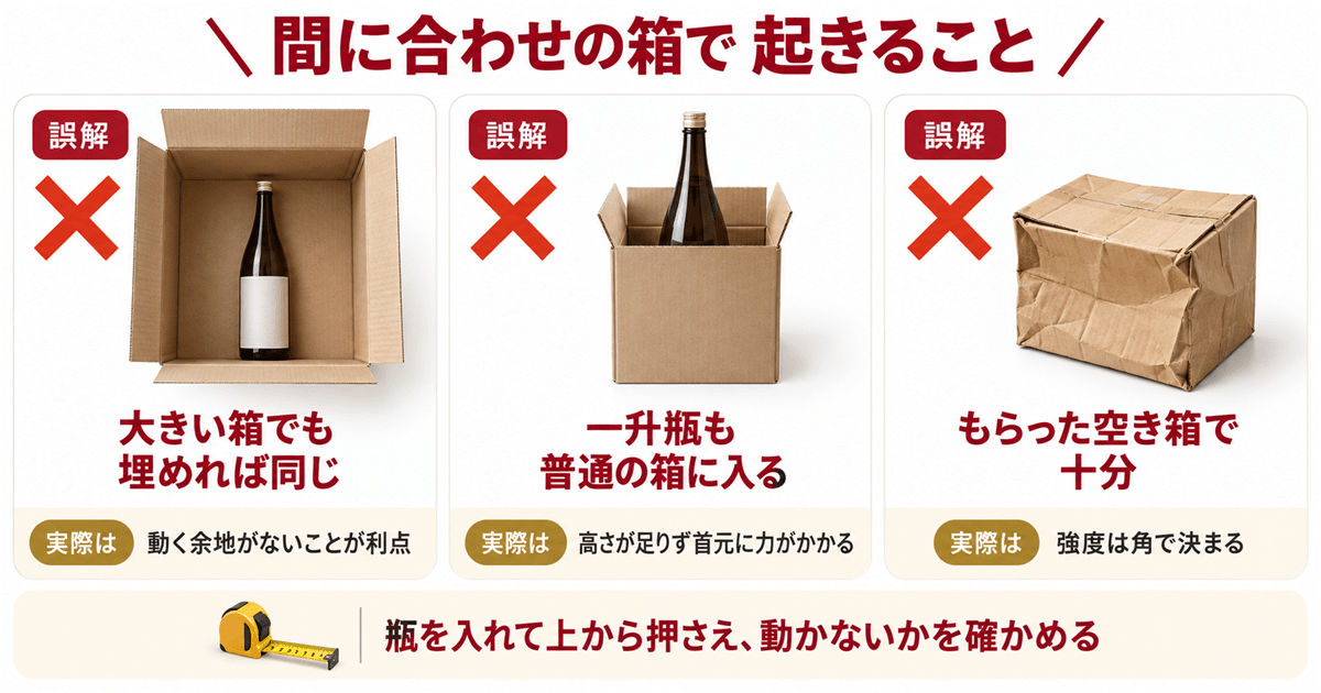 手持ちの箱で済ませようとして失敗する3つの形