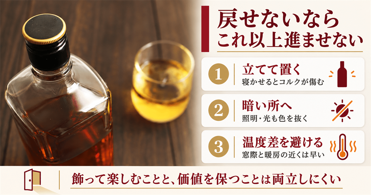 ウイスキーのキャップとグラス 立てて冷暗所に置く保管