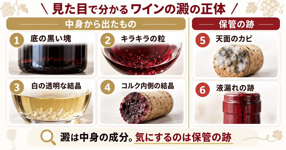 ワインの澱と沈殿物を見た目別に分けた早見表
