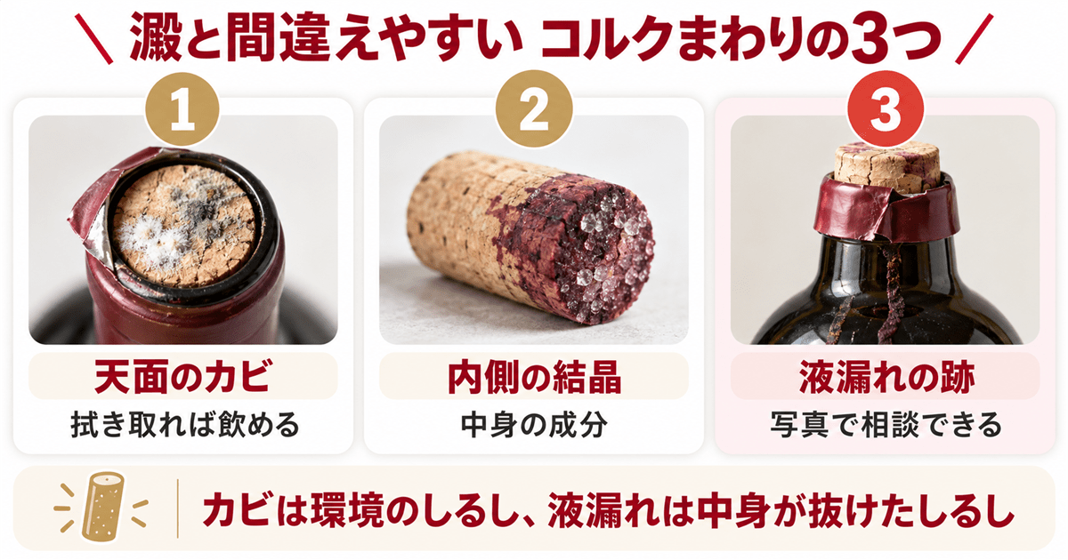 コルク天面のカビとワイン側の結晶と液漏れの跡の見分け方