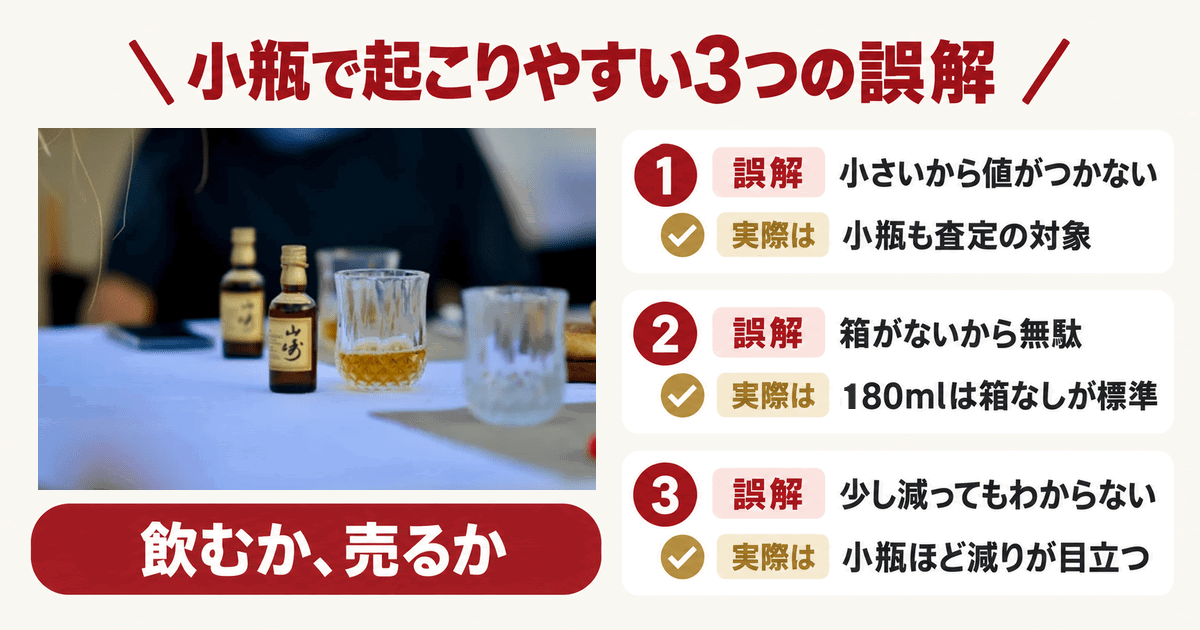 テーブルに置かれた山崎のミニボトルとウイスキーの入ったグラス 開けたら買取の対象外