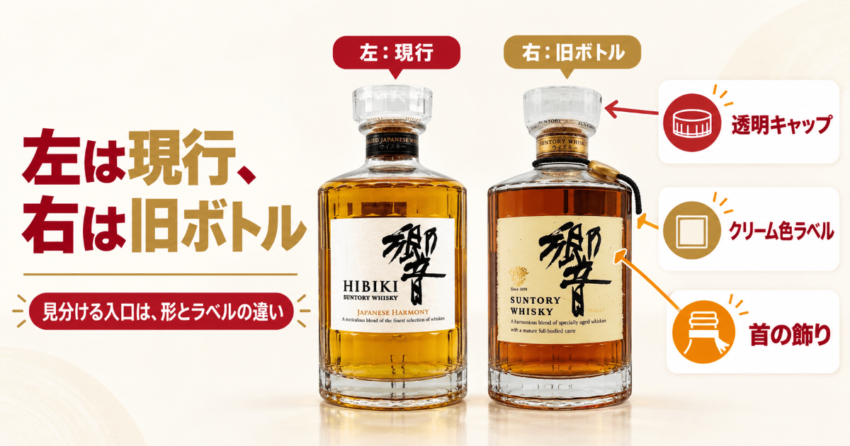 響ジャパニーズハーモニーと響マークの旧ボトルを並べて比べた様子